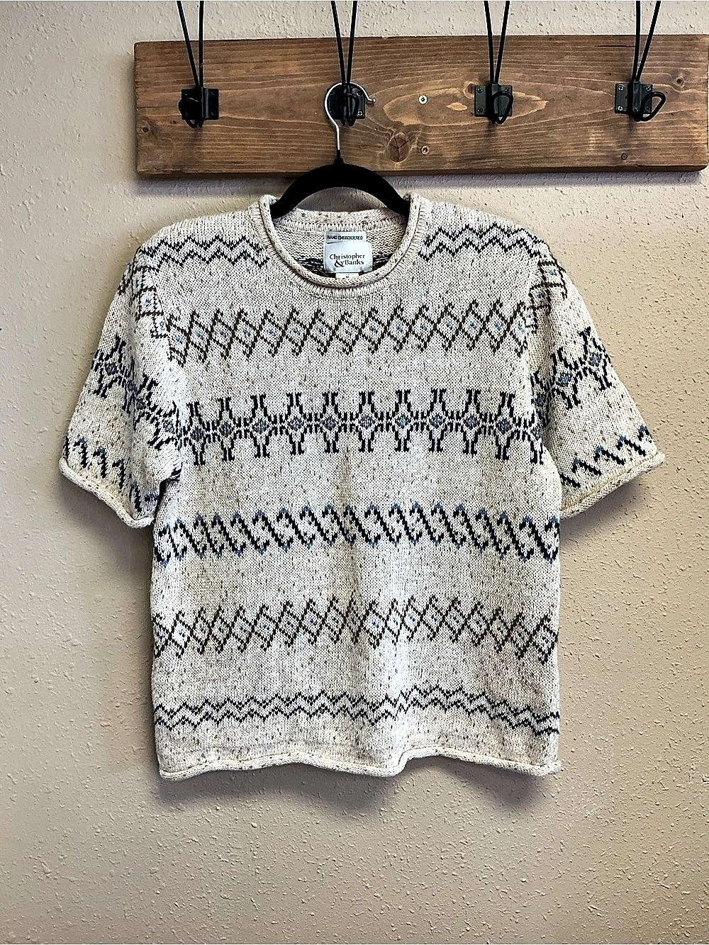 Christopher & Banks Hand Embroidered Geometric Knit Short Sleeve Sweater